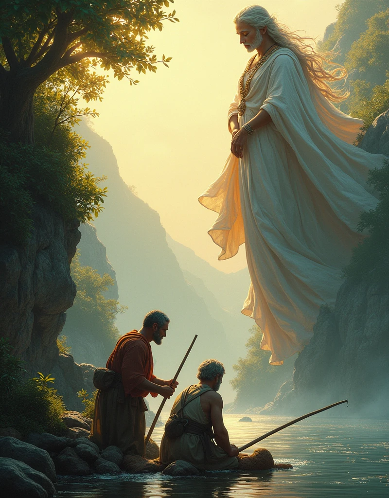 Make me a picture with 2 fishermen aged 20 and 50 with Queen Iemanja watching them with love perched on the river
