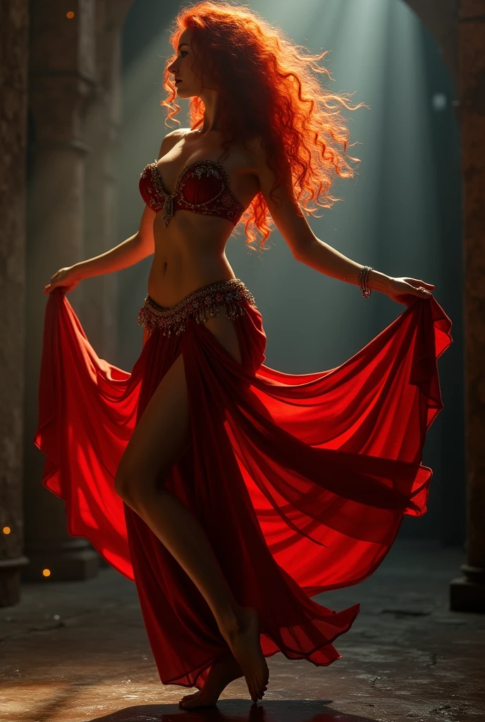   female、Sexy proportions, barefoot、Belly Dancing, red hair.