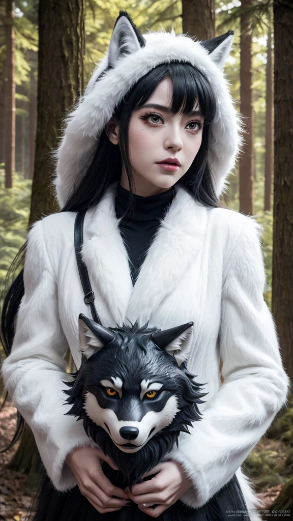 Woman with knife and wolf, princess Monster, Monster, princess Monster inspired, princess Monster color scheme, studio ghibly style Monster, studio ghibli and shinkai makoto, Ghibli anime style、live-action,High-resolution model, Ultra high definition, Textured skin, Real、White fur、Holding a red mask、forest