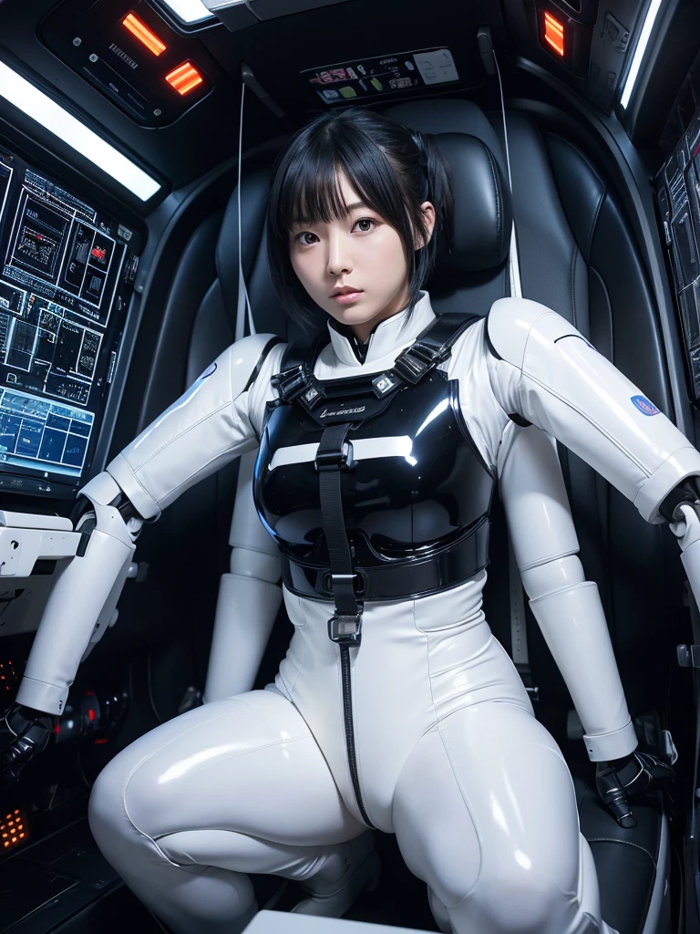 Japanese female android,Black Hair,He is securely fastened to his cockpit seat in a spacecraft by a thick harness.,Plump and thick body,Spread your legs,Squat,Shiny white robot suit,Robotic arms and legs,Surrounded by switches and monitors,