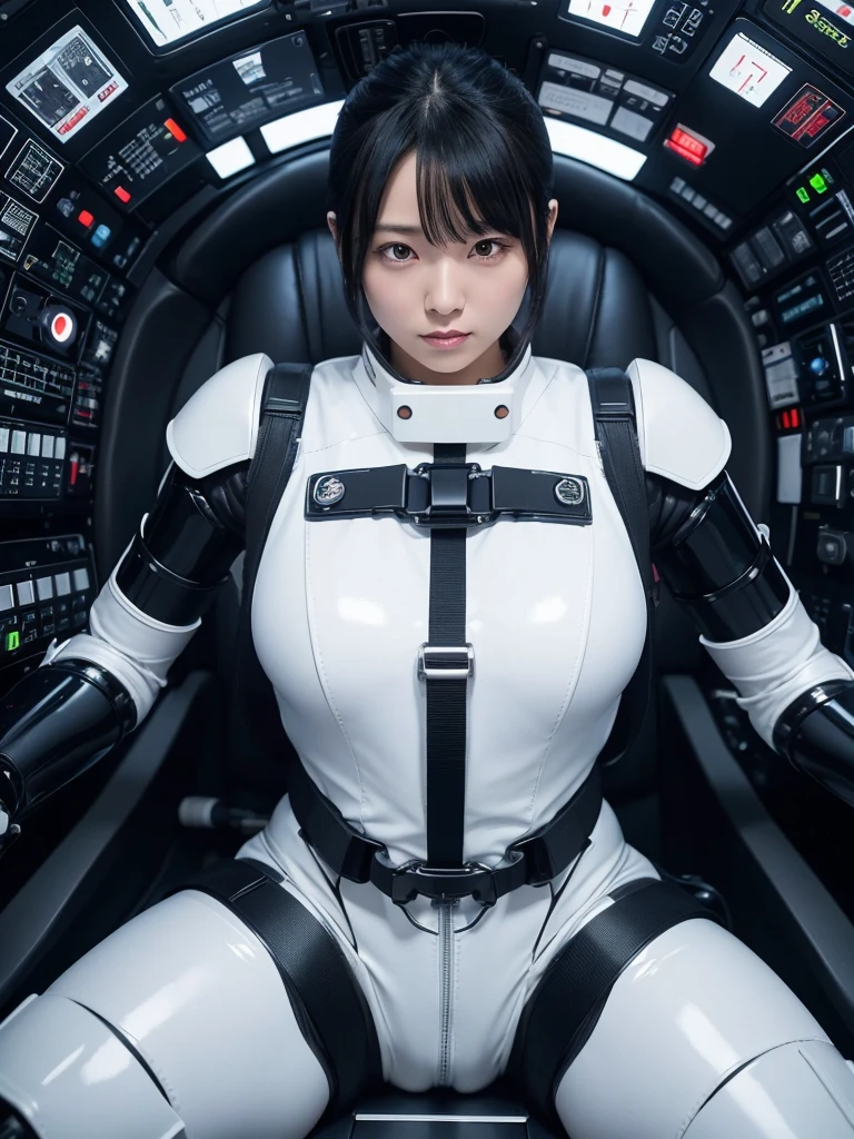 Japanese female android,Black Hair,He is securely fastened to his cockpit seat in a spacecraft by a thick harness.,Plump and thick body,Spread your legs,Squat,Shiny white robot suit,Robotic arms and legs,Surrounded by switches and monitors,