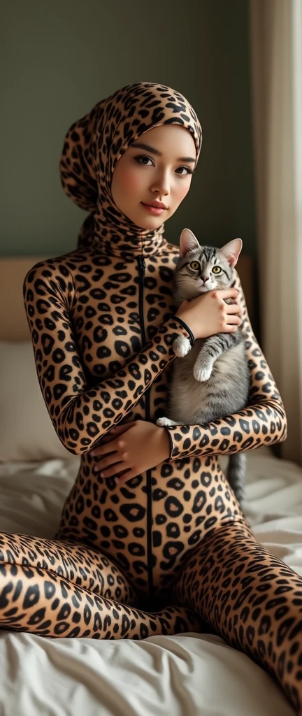 The most beautiful,thin,most pretty and clever Asian muslimah adult girl wears leopard print lycra turtleneck unitard catsuit covered with stripes.She always wear leopard print lycra dancewear stretchy square hijab covered with many stripes.She sits on the bed and hugs a cute little cat.