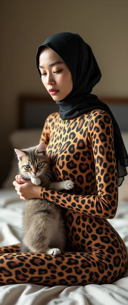 The most beautiful,thin,most pretty and clever Asian muslimah adult girl wears leopard print lycra turtleneck unitard catsuit covered with stripes.She always wear leopard print lycra dancewear stretchy square hijab covered with many stripes.She sits on the bed and hugs a cute little cat.