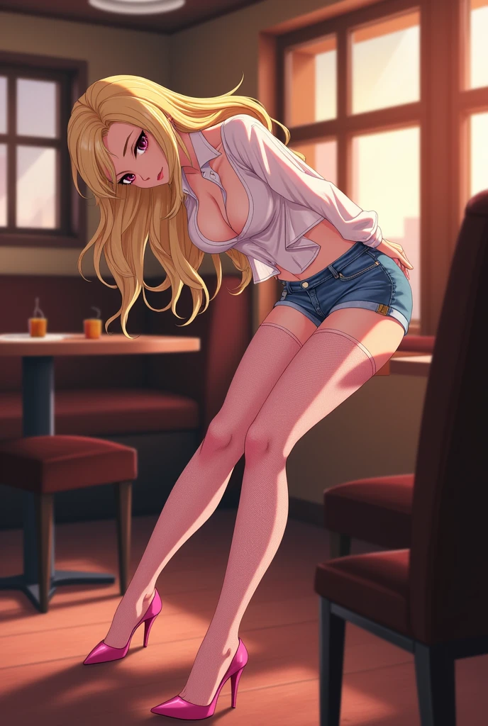  adult girl wearing semi-transparent blouse, short jeans shorts, pink underwear, fishnet stockings, high heels and make up in police handcuffs behind his back while bending over, manicured fingers, blonde hair, hands behind his back, restaurant, anime, view from side