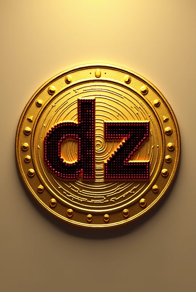 A gold coin with the letters DZ in the middle in red and black in pixelated format.