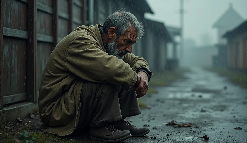 poor, poor Russian sitting on the ground in the rain, hands on knees