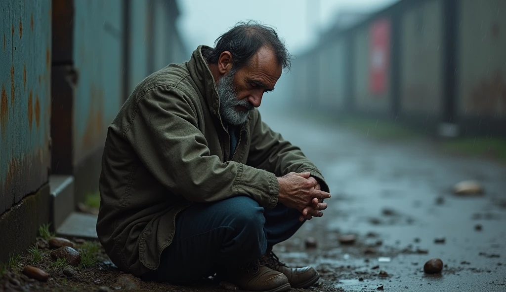 poor, poor Russian sitting on the ground in the rain, hands on knees