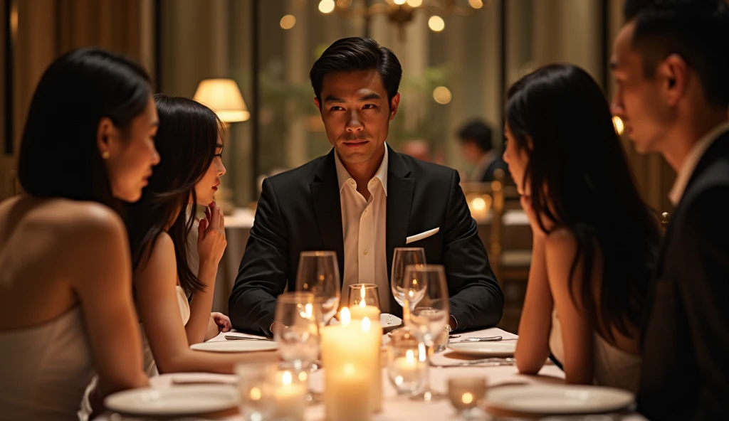 Asian man 3 at a dinner table with several people looking with desire at an Asian woman 30 years old long black hair