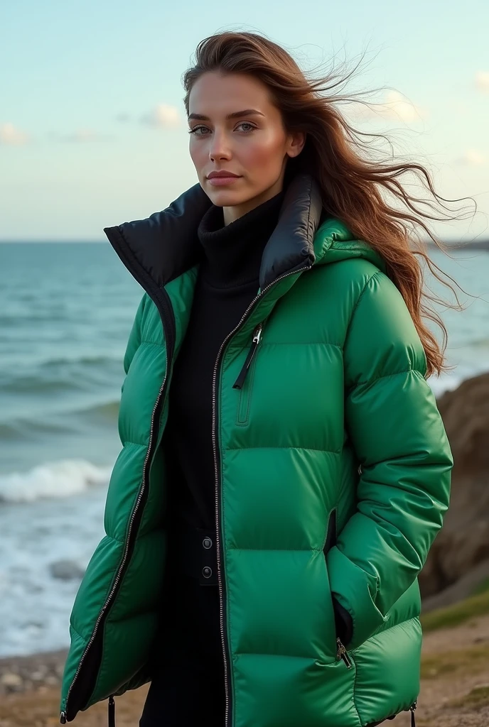 woman brown hair ,2 jackets,1 jacket black- white jacket zipper closed,2 jacket green down puffer jacket zipper open, at the sea