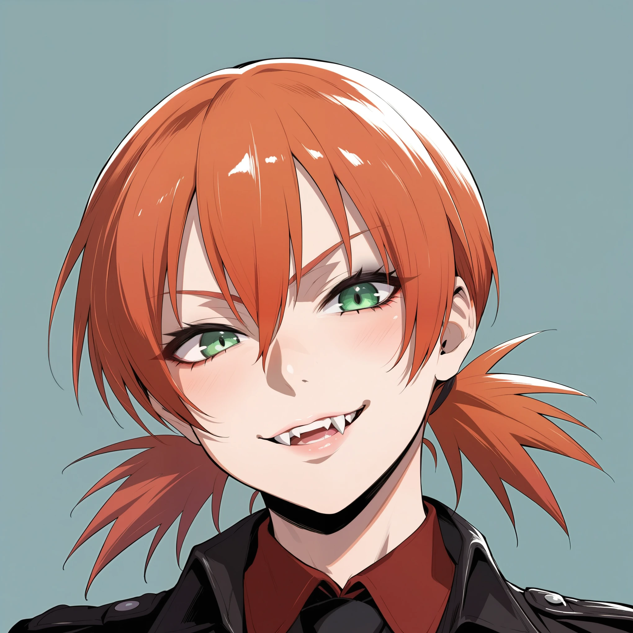 source_anime, rating_explicit, score_9, score_8_up, score_7_up, goth, gothic, ginger hair, short_hair, looking at viewer, hellsing, goth girl, ikuchan, smirk, green eyes, portrait face, face focus, face only, edgy, fangs, vampire, detailed, high quality, twintails