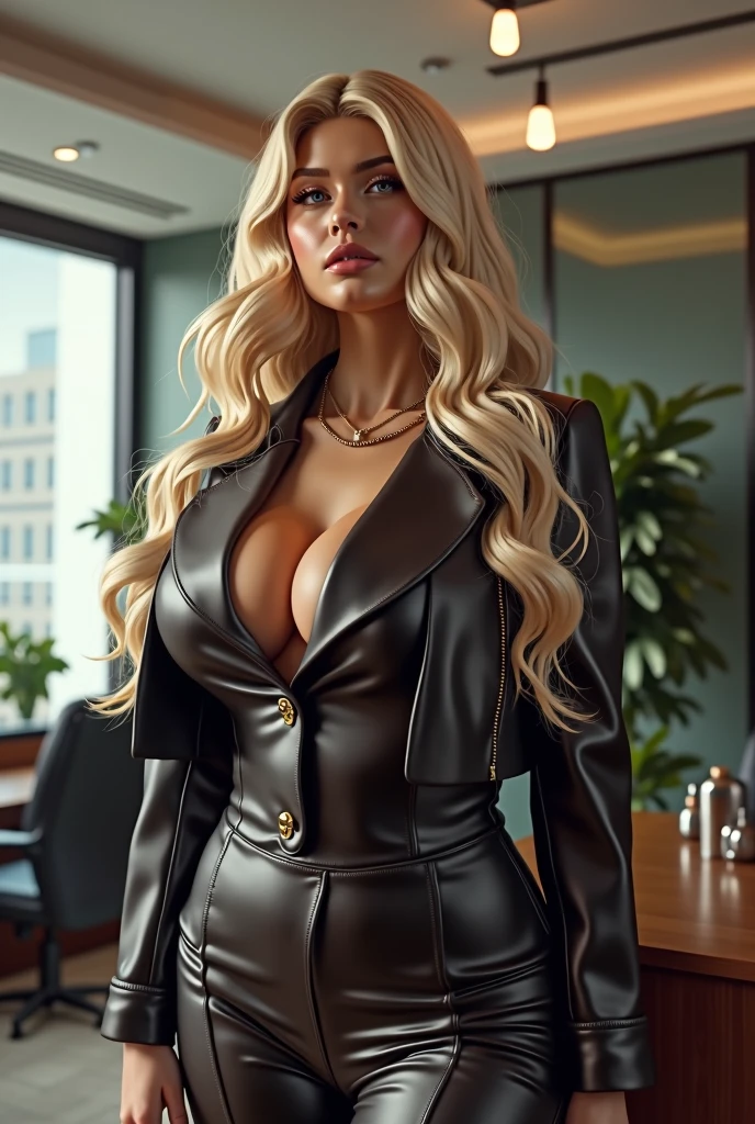 Beautiful Platinum College Bimbo Girl, with full, thick lips, with long hair, with large round bust, protruding bust D, dressed in a beautiful leather business suit, office, HD, 8k, Body detailing, good quality, high detail