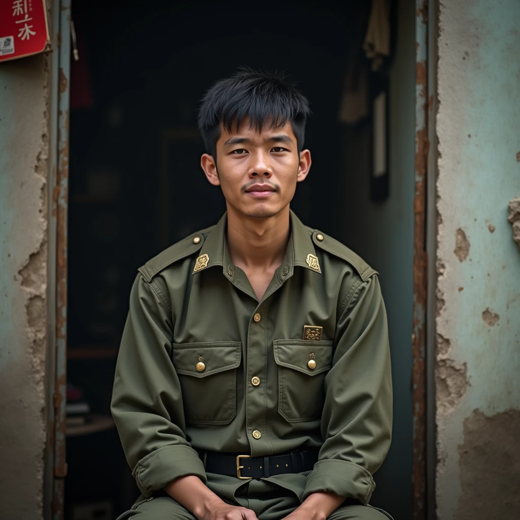**Photographic description of the scene, 20-year-old Asian soldier returning home The soldier is portrayed as a young man who could have followed other paths in life – a musician, a politician or a father – but who ended up being taken by the war. points to the lack of educational opportunities that could have led the young man to a career in politics, where he could have influenced changes or made important decisions. The lack of proper education prevented him from following this path.. the young man had artistic dreams and aspirations, but was prevented by financial limitations. He could have been a musician, expressing your creativity and passion, but this possibility was denied due to lack of resources.