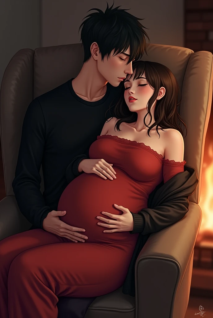 Man in black shirt sitting in a chair next to a fireplace with black hair and green eyes holding a sleeping brunette pregnant woman on his lap on his shoulder wearing a red off the shoulder dress with a black jacket over them , both asleep 