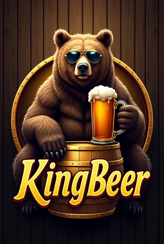 "Create a highly detailed and realistic logo for 'KingBeer'. The centerpiece of the logo is a large, lifelike bear sitting on top of a golden beer barrel. The bear is wearing aviator sunglasses and holding a large, frothy beer mug in one hand, as it casually drinks the beer. The bear should look strong and regal, symbolizing the 'king' theme. The background of the logo should be a dark, rustic wood texture, and the text 'KingBeer' should be prominently displayed below the bear in bold, gold lettering with a slight metallic sheen. The overall style should be realistic, with a slightly vintage, premium feel. The logo should evoke a sense of quality, tradition,