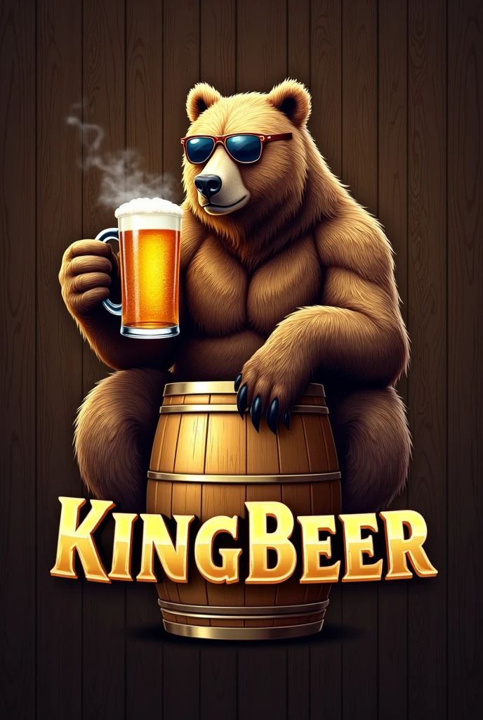 "Create a highly detailed and realistic logo for 'KingBeer'. The centerpiece of the logo is a large, lifelike bear sitting on top of a golden beer barrel. The bear is wearing aviator sunglasses and holding a large, frothy beer mug in one hand, as it casually drinks the beer. The bear should look strong and regal, symbolizing the 'king' theme. The background of the logo should be a dark, rustic wood texture, and the text 'KingBeer' should be prominently displayed below the bear in bold, gold lettering with a slight metallic sheen. The overall style should be realistic, with a slightly vintage, premium feel. The logo should evoke a sense of quality, tradition,
