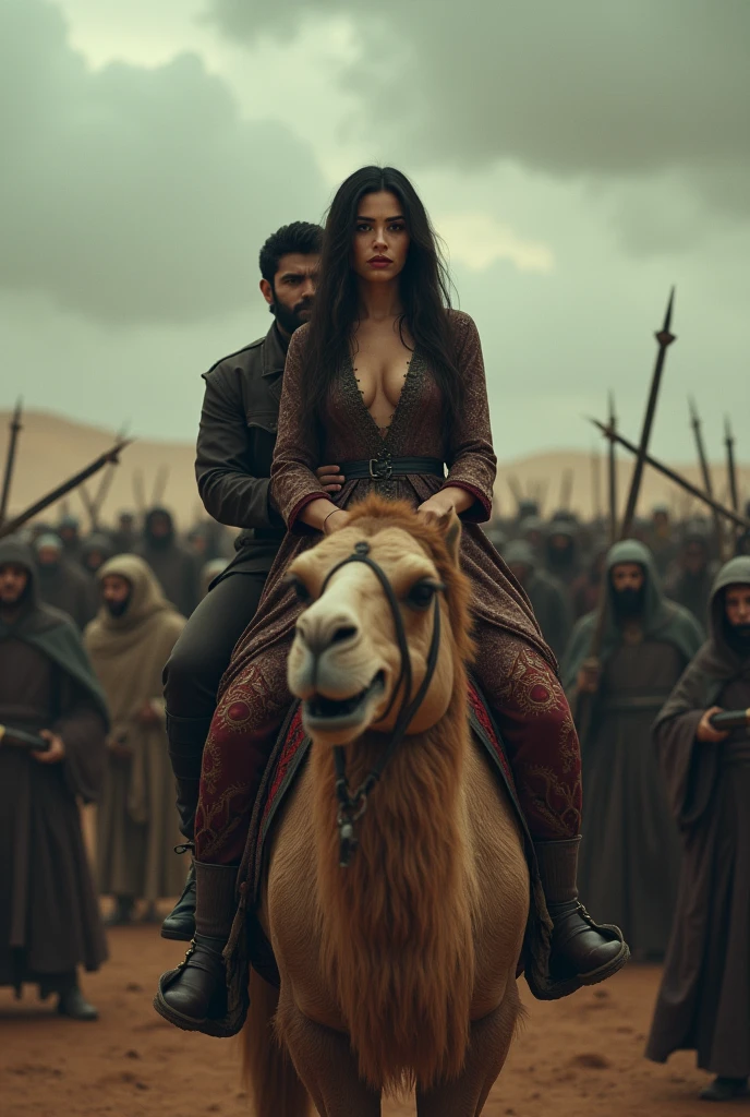 Aisha inappropriately dressed on a camel. Behind her sits the man Talha and around them is an army of evil people who support her