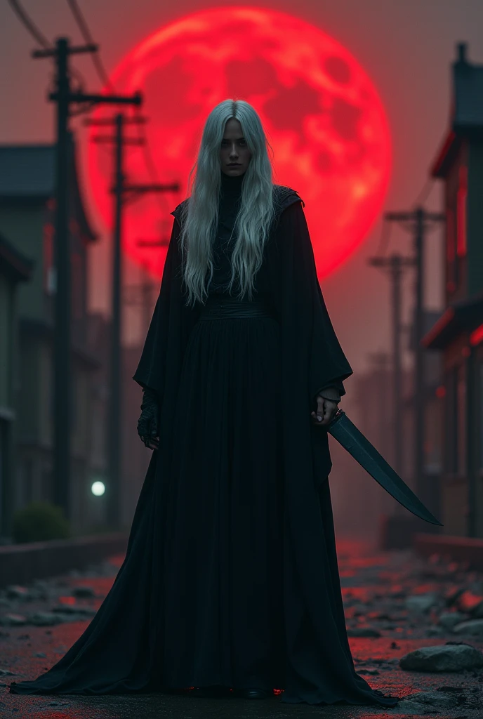 Long silver hair, Dressed in a black robe, Holding a knife, Red Moon, Standing alone in the town, 