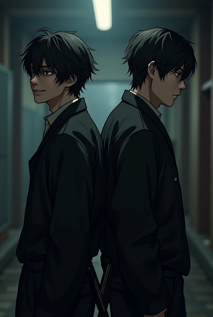 "Two friends are in an urban setting, one of them with a fake smile while hiding a knife behind his back. The other friend smiles genuinely, without realizing the impending betrayal. The background of the image is dark, with shadows and dark colors, creating an atmosphere of distrust and falsehood. Facial expressions should convey the difference between sincerity and falsehood.."