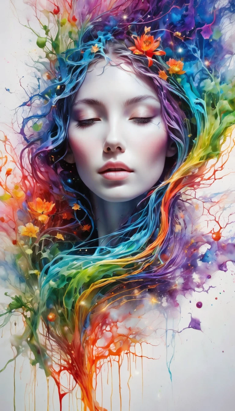 work of art, best qualityer, ultra-high resolution, extremely detaild, (psychedelic art:1.4), Woman, veil, visually stunning, great, award-winning illustration, cosmic space background, ethereal atmosphere, ultra quality, great girl, cosmic concept, rainbow strings, Iris, Rainbow colored bloody veins, that grow from the darkness and intertwine, nailed wire, Thick blue blood dripped from him, crisp neon, Veins grow and pump blood, Vascular networks grow, green veins everywhere, Yin e Yang, bright space, shining stars, infinity symbol