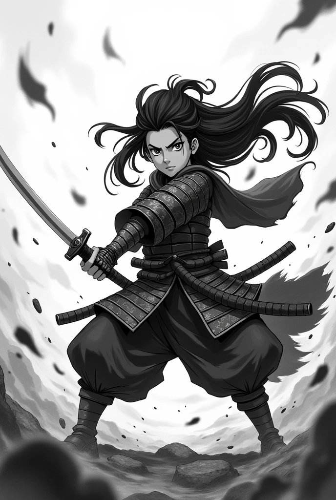 Create a young 2d black and white anime character, long hair samurai armor no helmet, in the middle of war