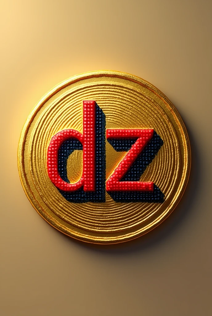 A gold coin with the letters DZ in the middle in red and black in pixelated format.