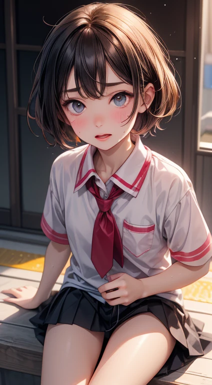 Highest quality,Ultra-wide angle composition、Elementary school girl Sweaty face cute short hair boyish My hair is wet with sweat Pink sigh I took off my pants Character Panties Cunnilingus condom I like face sitting