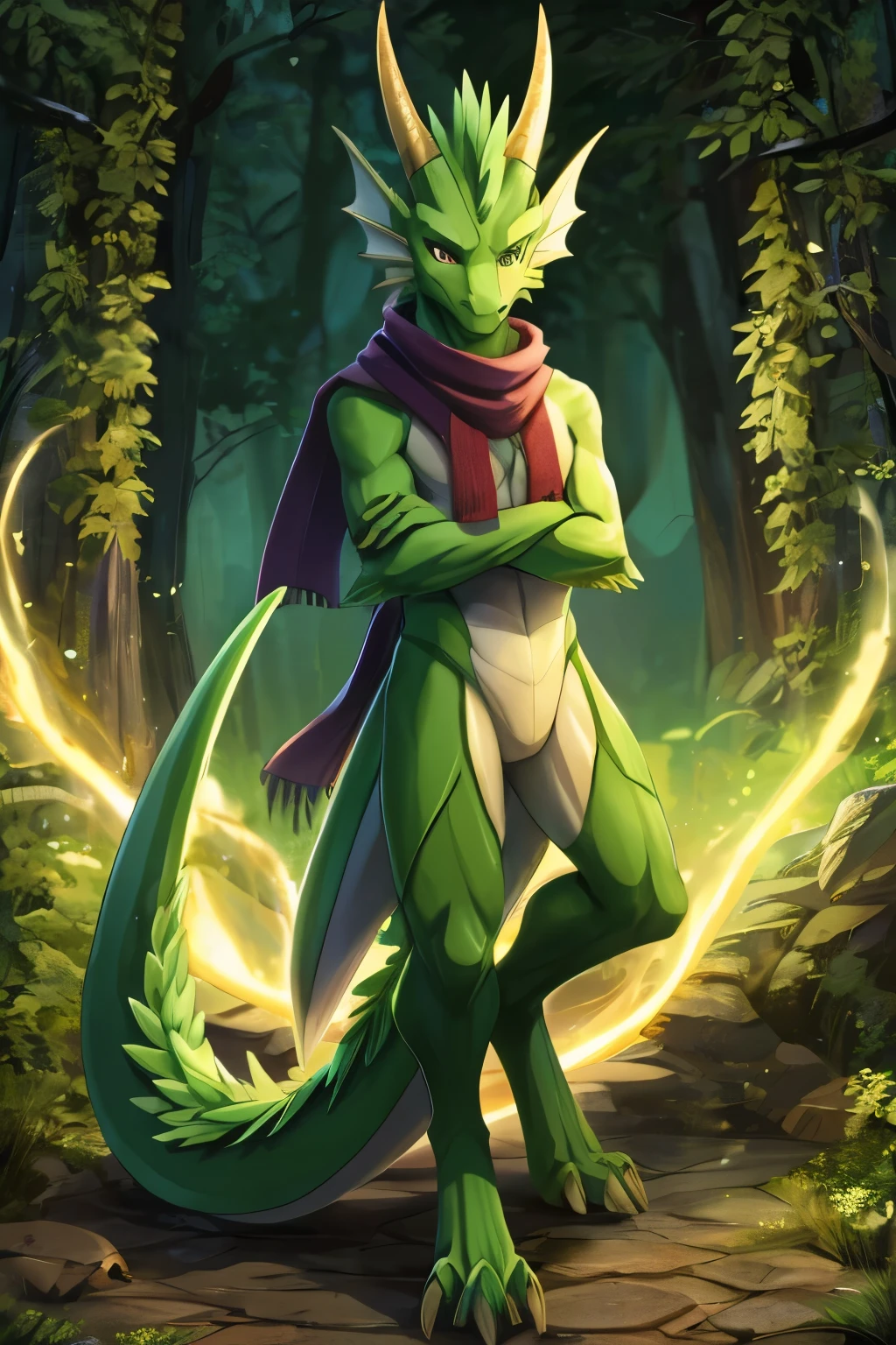 (anime), (front facing), (looking at the camera), slim furry green and lime dragon using old magic, ((crossed arms)), green main body color, smooth skin, very long muzzle, neck and tail fur, digitigrade, creative horns, feathers, gradients, (wearing only a scarf), nature background, full body