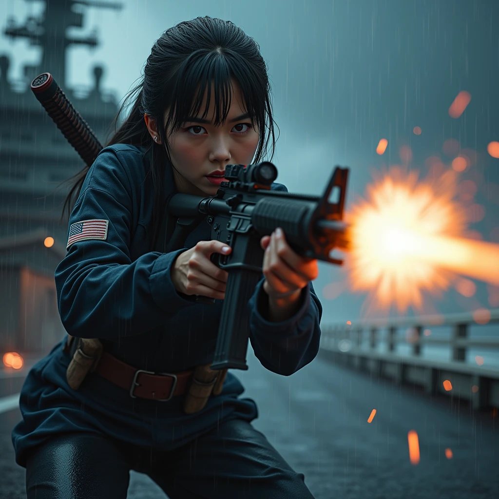 Browsing Caution:-2, Photorealistic, Highly realistic photos, (Highest quality:1.37), 32K resolution, (Realistic:1.37), (Ultra-realistic:1.37), High resolution UHD, Realistic, Spread your legs wide:1.21, Beautiful Army, (Has an assault rifle:1.37), (Firing an assault rifle wildly:1.37), Anatomically correct5Finger, Front view:1.5, Close your lips, Wet Hair:1.37, Wet clothes:1.37, Wet Skin:1.37, Dark red blood flows from the body:1.37, Portrait of a Japan woman:1.21, School uniforms, Sailor uniforms from famous Tokyo Metropolitan High Schools, Short sleeve clothing, Short-sleeved sailor uniform:1.21, sera fuku:1.21, The upper body is wearing a uniform:1.21, Navy blue micro skirt, With a Japanese sword on his back;1.21, Brown Hair, Bob Cut Hair, Beautiful hair blowing in the wind, On the deck of an aircraft carrier at night, (With the bridge in the background:1.21), (Helicopter ship:1.21), Pouring rain:1.37, In the storm at night:1.21, In a storm:1.21, Shining tracer bullets, cigarette, haze, inflammation, Sparks fly, During a desperate operation:1.21, Justice, Responsibility, Students in the 1970s, Cute Japanese woman's face:1.21, Sharp eyebrows:1.37, Active photos, Retro Photography, Dynamic and cinematic lighting,