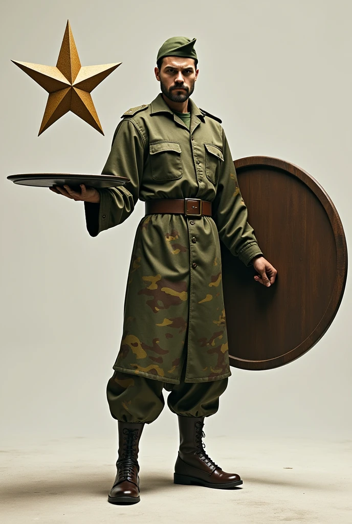 One-handed shield, sleeve of camouflage clothing like the Brazilian army, waiter holding an open tray with an army star floating on it