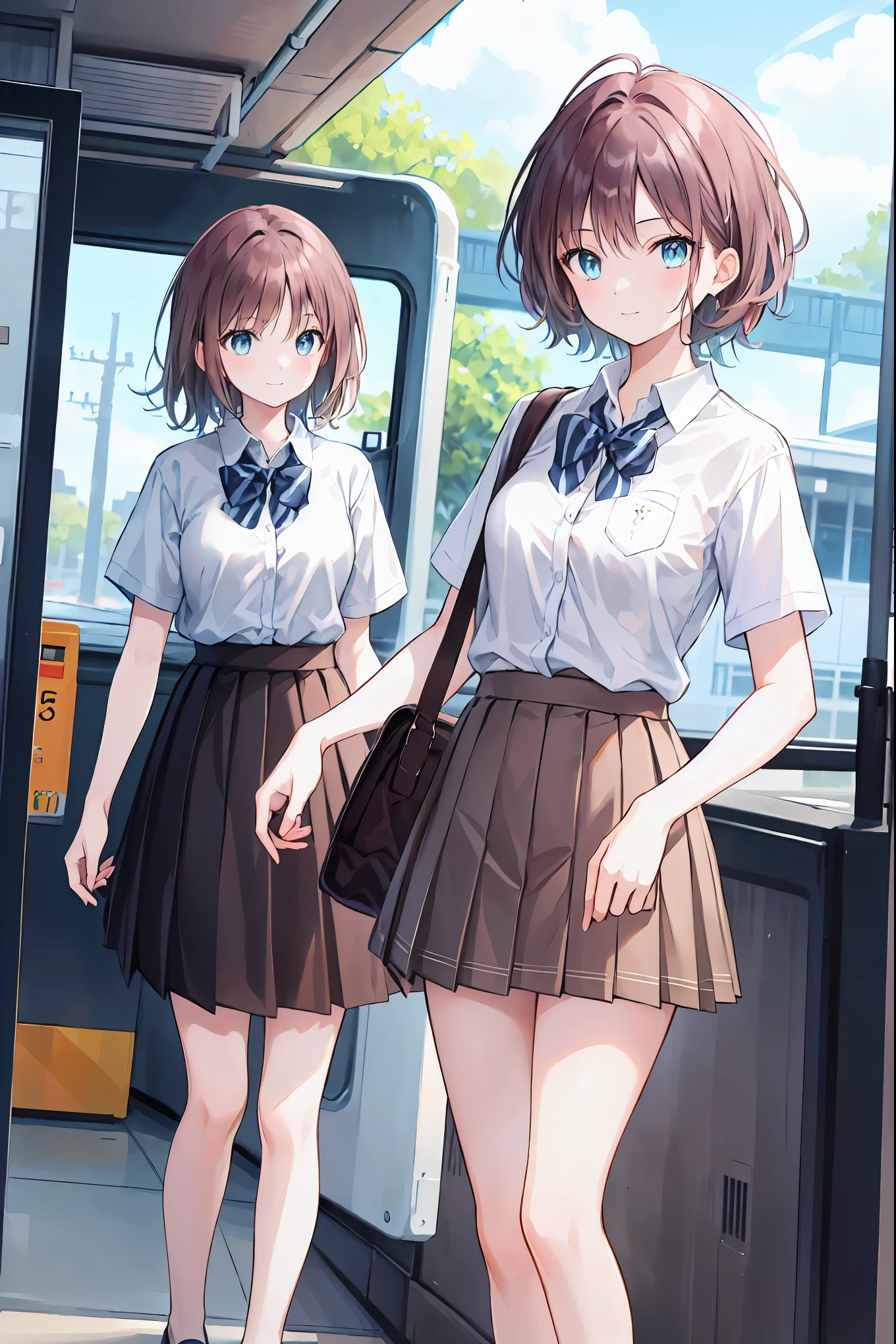 Brown Hair,Shortcuts,Messy Hair,Slender beauty,Hall々A positive attitude,Small box,Beautiful legs,Long Hair, View your audience, smile, bangs, blue eyes, Multiple Girls, skirt, Brown Hair, shirt, Black Hair, Short sleeve, Brown eyes, Long Hair, Are standing, white polo shirt, pleated skirt, Open clothes, shoes, shoes下, Striped, collared shirt, Please raise your hand, Three Girls, bag, Knee-length, plaid skirt, Brown footwear, , loafers, grey skirt, school bag, Diagonal stripes, Station platform,train