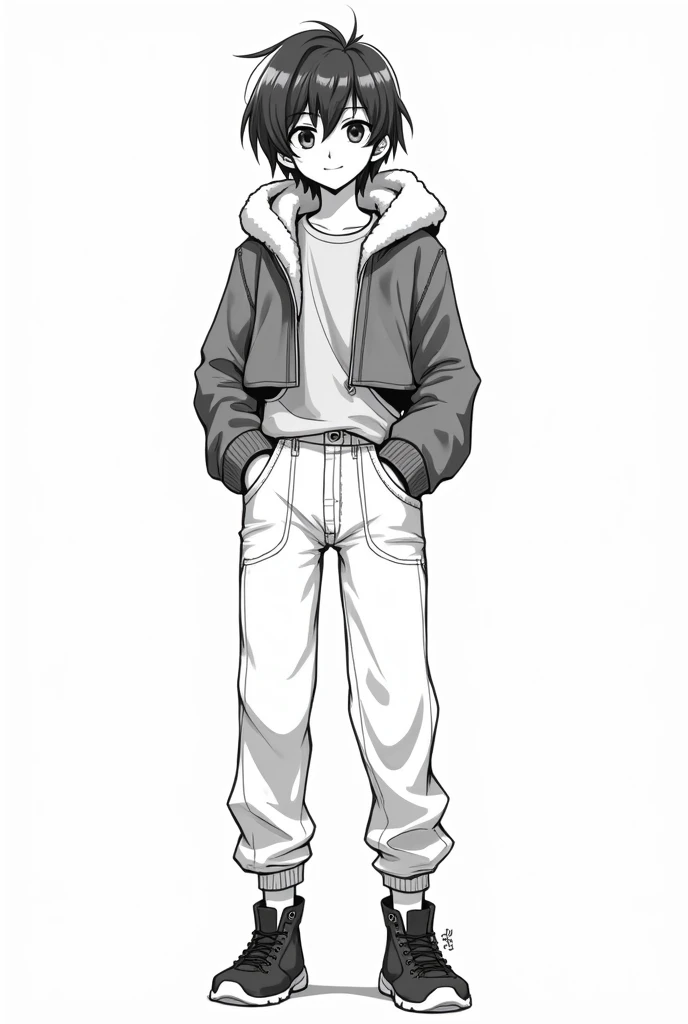 sketch, manga, anime, black and white, White background, adolescent, short hair, attractive, maduro, cropped jacket with polar fleece on the hood, T-shirt tucked into pants, baggy jean pants, black shoes, anatomically correct, necessary