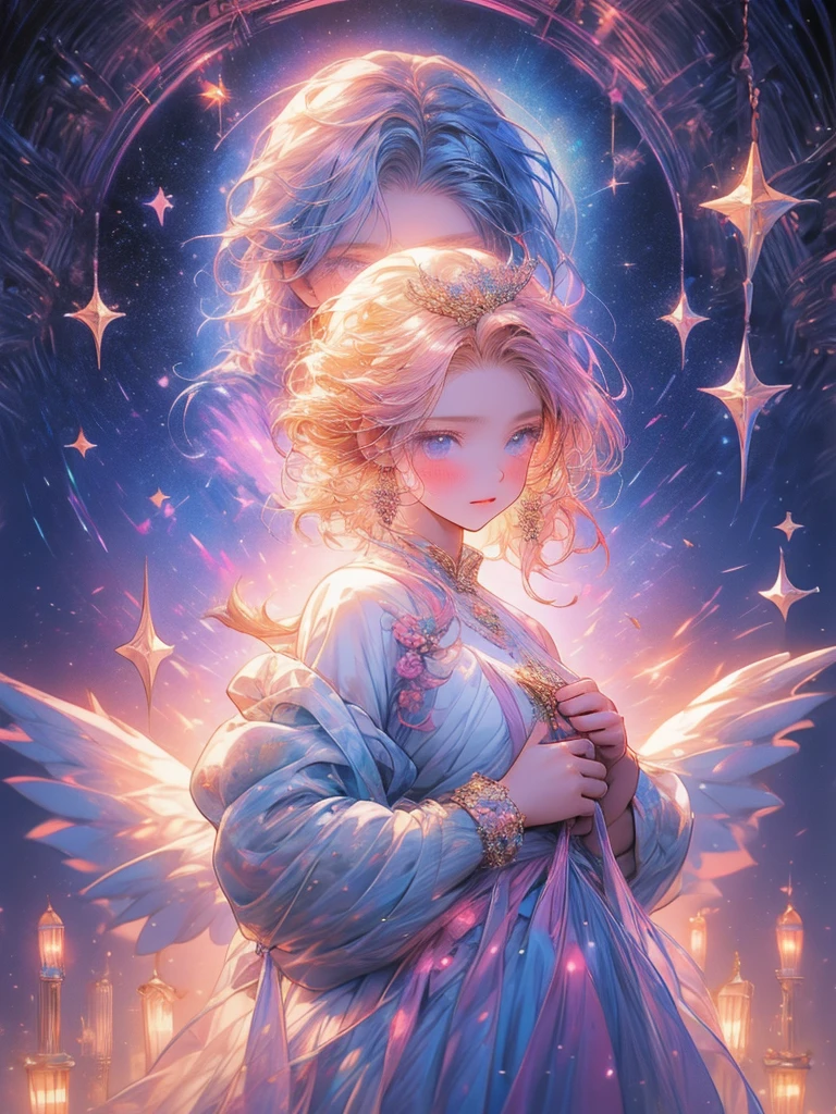 a picture taken from a digital painting of a girl in a dress, an anime drawing by Yuumei, pixiv contest winner, magical realism, beautiful anime artwork, wearing a dress made of stars, beautiful anime art, makoto shinkai cyril rolando, magical dress, anime fantasy artwork, anime fantasy illustration, ethereal anime, dreamlike art