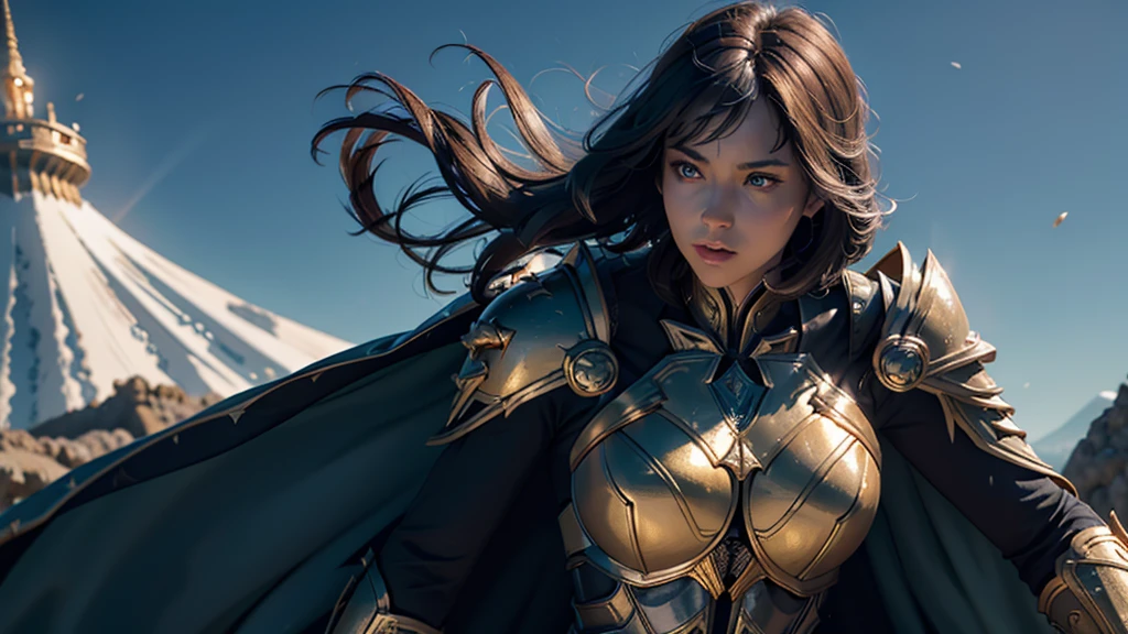 8K, Ultra HD, Highest quality, (Very detailed), Dynamic Angle, Mysterious expression, wind-effect, fantasy background, Edge lighting, Movie Lighting, Ultra-high resolution, 8K UHD, Film Grain, Better shadows, Moderate, Raw, Light Particles, Delicate skin texture, Detailed armor textures, Delicate face, Intricate details, Very detailed, bright, Strong, Gold Armor, (Glowing longsword), reduce, Crushing, Scapula, Long cape, fantasy, (Practical), Scapula, complex, With complex, Perfect lighting, Viewers, Movie Lighting, flight Keywords: flight, Holy Light, Energetic, Bangs, wind, Female Knight,volcano,night,magma,castle,Large Breasts