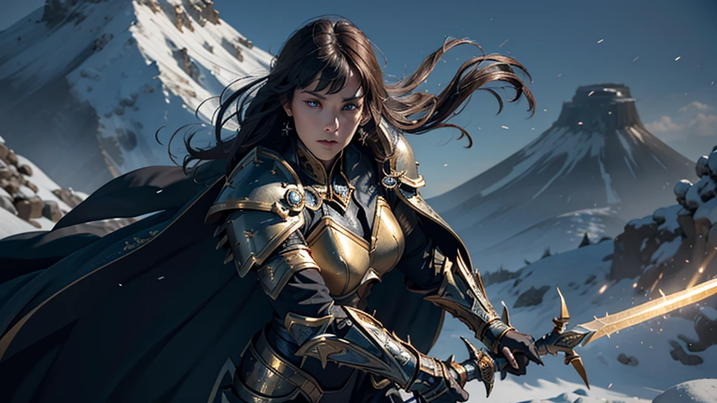 8K, Ultra HD, Highest quality, (Very detailed), Dynamic Angle, Mysterious expression, wind-effect, fantasy background, Edge lighting, Movie Lighting, Ultra-high resolution, 8K UHD, Film Grain, Better shadows, Moderate, Raw, Light Particles, Delicate skin texture, Detailed armor textures, Delicate face, Intricate details, Very detailed, bright, Strong, Gold Armor, (Glowing longsword), reduce, Crushing, Scapula, Long cape, fantasy, (Practical), Scapula, complex, With complex, Perfect lighting, Viewers, Movie Lighting, flight Keywords: flight, Holy Light, Energetic, Bangs, wind, Female Knight,volcano,night,magma,castle,Large Breasts