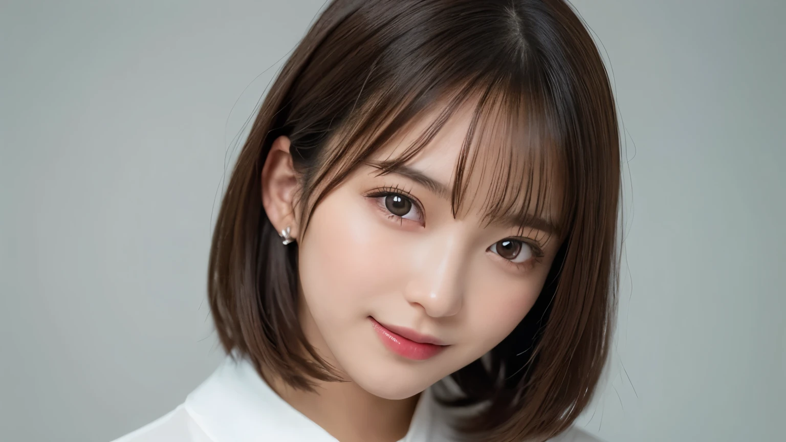 Silver Background, Full body portrait, Looks very happy, smile, One Girl, (Beautiful girl, Delicate girl:1.3), (20-year-old:1.3),  (Black Suit、White blouse), Very beautiful eyes, (Symmetrical eyes:1.3), C cup breasts, Brown eyes, Parted bangs, short hair, (Eye and facial details:1.0),  (masterpiece, Highest quality, Super detailed, Detailed face, 8k)