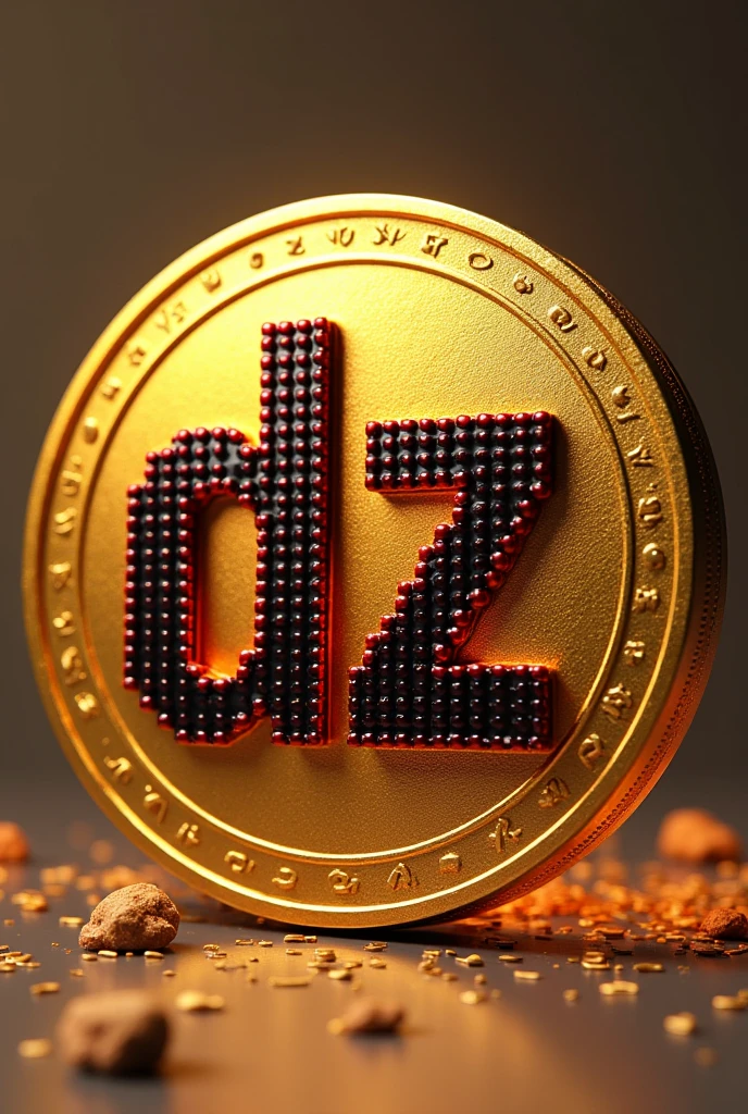 A gold coin with the letters DZ in the middle in red and black in pixelated format.