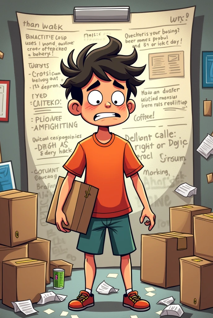 One delivery stress  boy cartoon with schedule late in bg