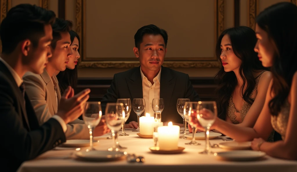 Asian man 3 at a dinner table with several people looking with desire at an Asian woman 30 years old long black hair