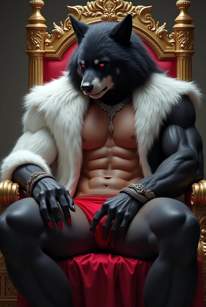 Handsome muscular furry black werwolf red eyes white chest fur white abdominale white inner thighs ,red underwear bulge silver necklace silver bracelet. Sitting in throne. Kiss male human male chest hair lick . sitting