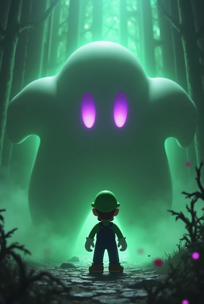Luigi bravely fighting King Boo, horror atmosphere with a green haze, King Boo with Violet Purple Eyes, The place is inside a haunted mansion