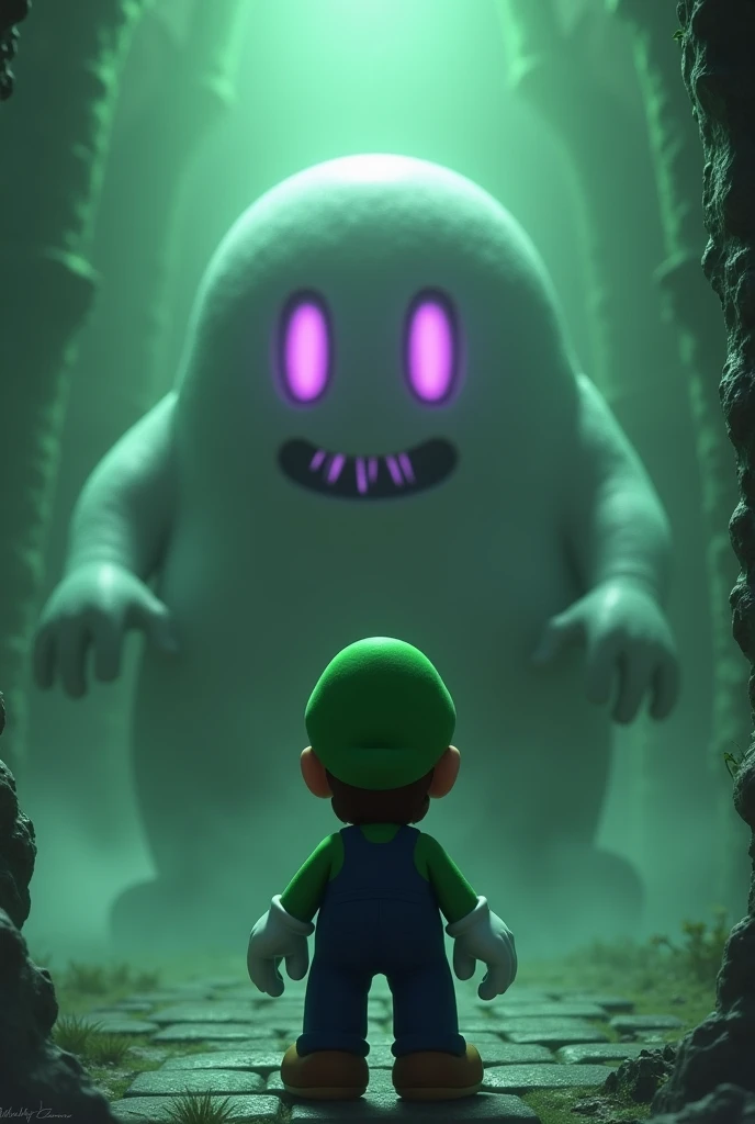 Luigi bravely fighting King Boo, horror atmosphere with a green haze, King Boo with Violet Purple Eyes, The place is inside a haunted mansion