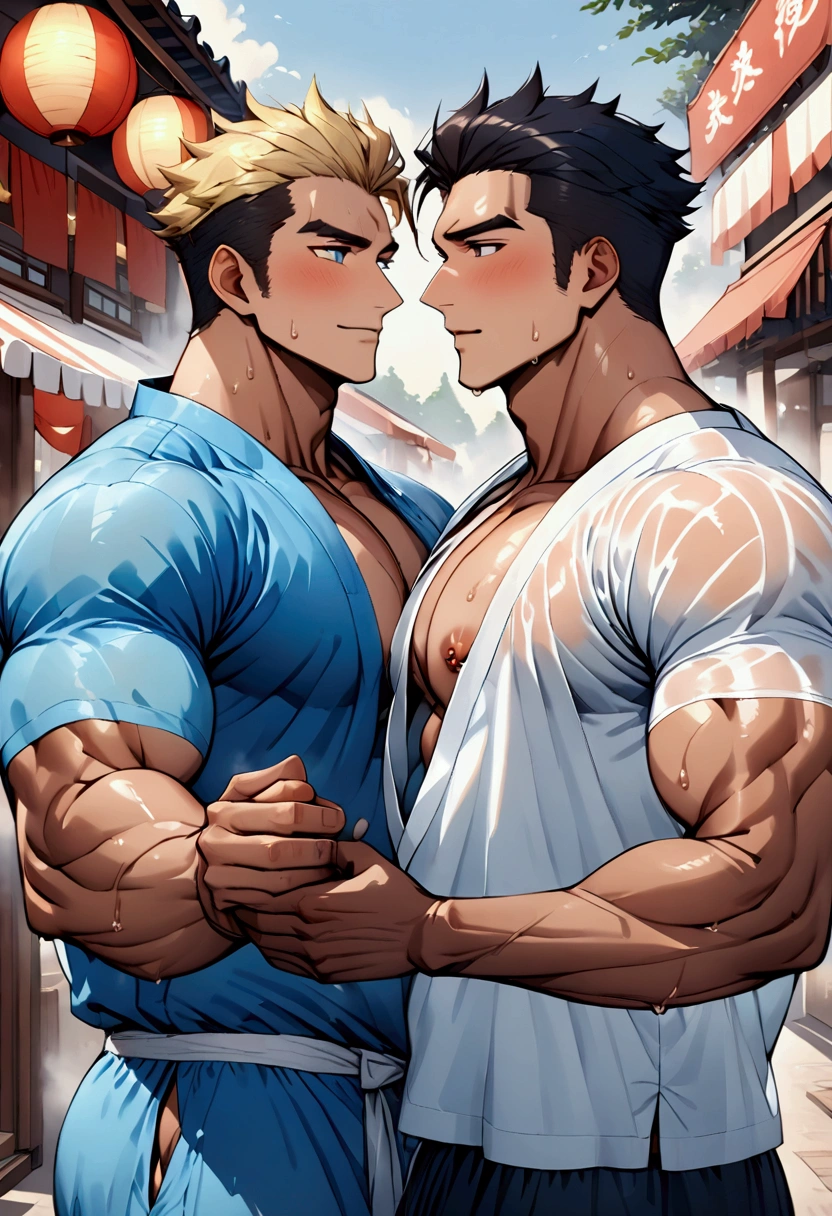 2boys、night、Summer festival、wearing jinbei、Perfect Eyes、Holding hands、A happy atmosphere、Highest quality、High resolution、Super detailed、perfect anatomy、(muscular male:1.3)、(father:0.5)、nipple piercing、gay、Blue Hair、Blonde、Black Hair、Gray Hair、Red hair、Short Hair、Sports haircut、short hair、Brown skin、(sweat:1.3)、steam、full body