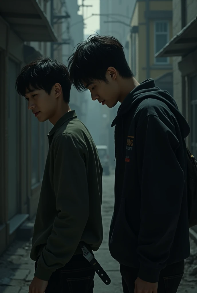 "Two friends are in an urban setting, one of them with a fake smile while hiding a knife behind his back. The other friend smiles genuinely, without realizing the impending betrayal. The background of the image is dark, with shadows and dark colors, creating an atmosphere of distrust and falsehood. Facial expressions should convey the difference between sincerity and falsehood.."