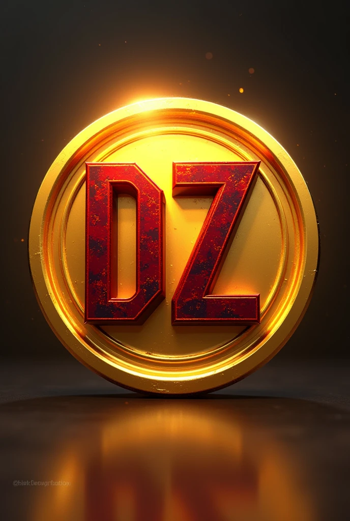 A gold coin with the capital letters DZ in the middle in red and black in pixelated format.