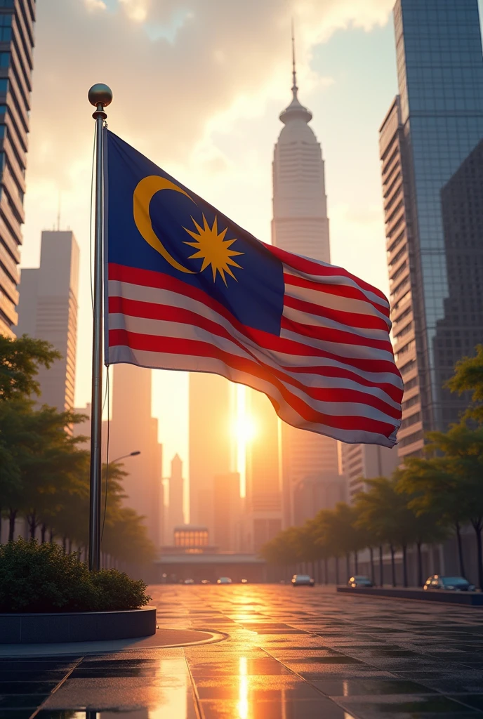 Malaysia flag, against the backdrop of a modern and sophisticated city 