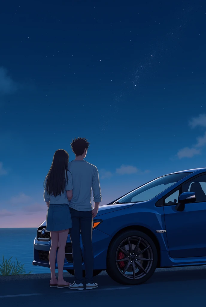 A couple (the women have black and long hair, and the man have brown and short hair) leaning on a Subaru WRX watching the night on japon on the coast at the distance
