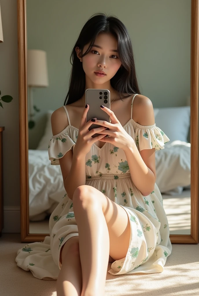 A brunette girl with black traight hair, Wearing a short spring dress With neckline, she takes a photo with your cell phone sitting on the floor in the big mirror in her room, face plane, taking a realistic photo, 8k, HD 