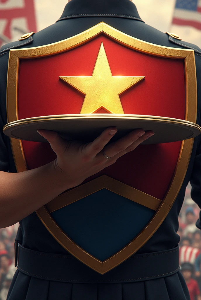Shield with a hand holding an open waiter&#39;s tray with an army star floating