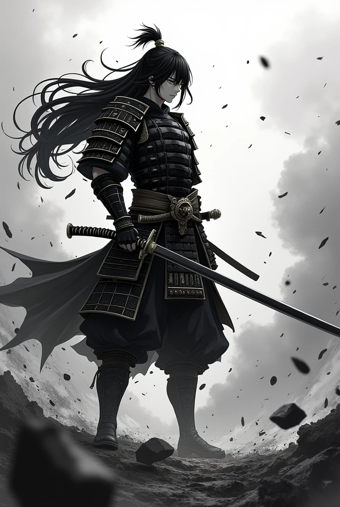 Create a 1 2d black and white anime character, long hair samurai armor no helmet, in the middle of war