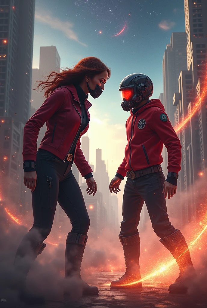 Black widow, realistic, big breasts, full body & Youg boy with red hoodie, headphones, Star-lord helmet, rocket boots, gas helmet, covered mouth, round red, eyes, front cover, Kid Star-lord with red hoodie, star-lord helmet, gas helmet, covered mouth, round red eyes, Red eyes, magic rings in the hands and rocket boots, Fighting, power, fiction, 2 persons, magic lasso, hight, fall, DJ, view of the city from above, flying in the sky, capa roja, fire under shoes, Space, Smoke, World, Dinosaur..